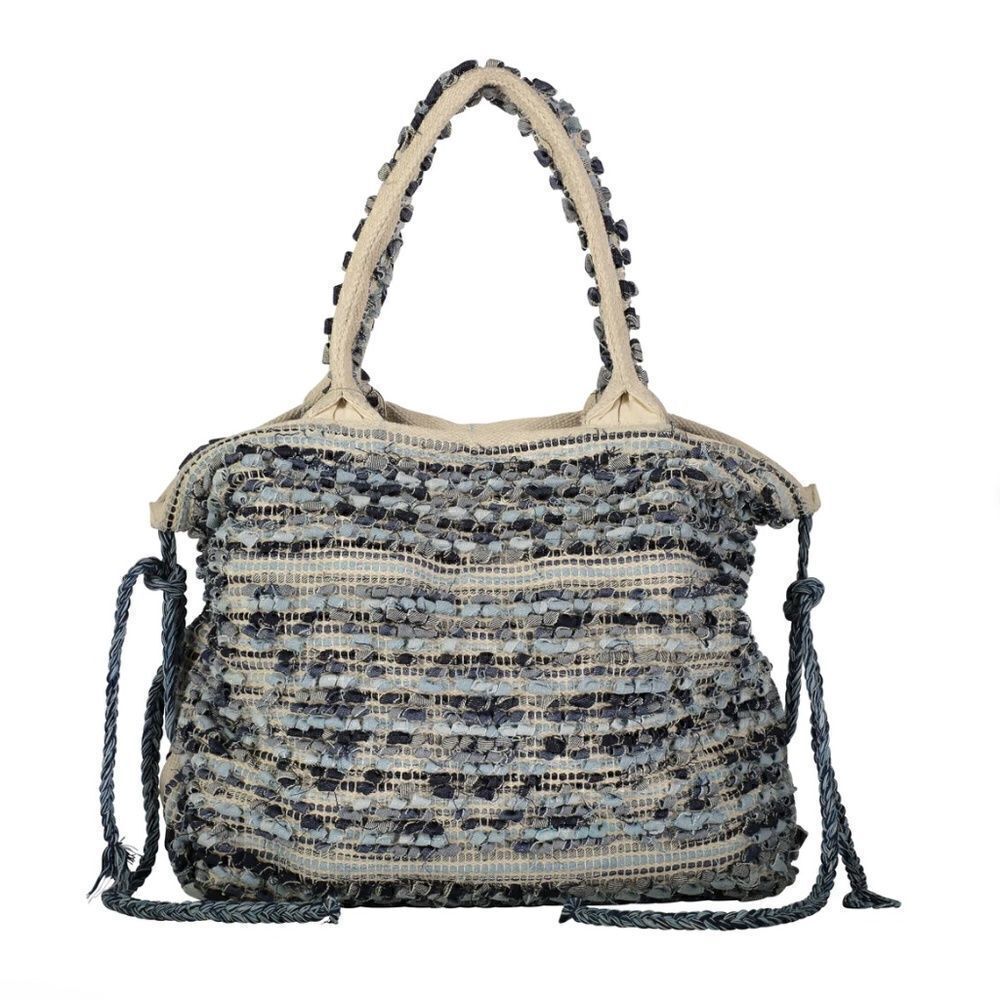 Large Cotton Canvas Tote Bag - Blue Stitched BRAND NEW - Pom Detailing
